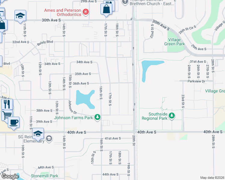 map of restaurants, bars, coffee shops, grocery stores, and more near 3613 18th Street South in Moorhead
