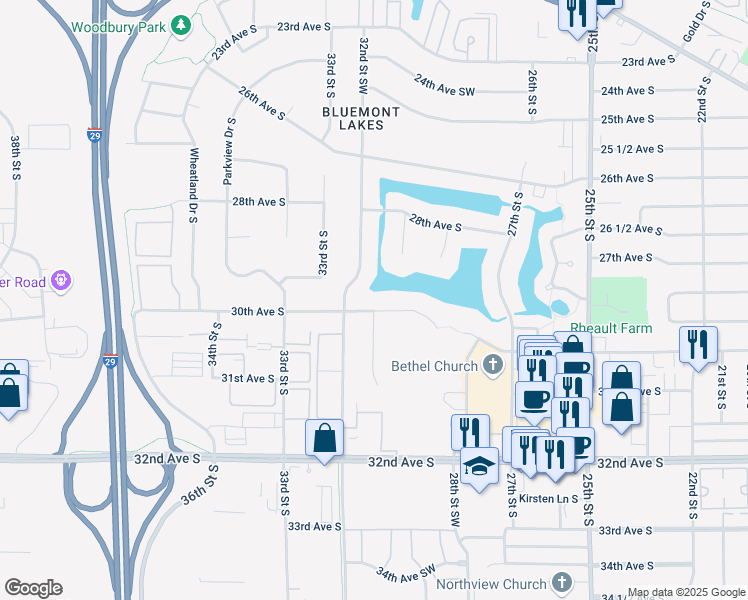 map of restaurants, bars, coffee shops, grocery stores, and more near 3101 30th Avenue South in Fargo