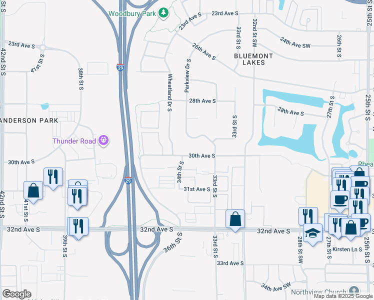 map of restaurants, bars, coffee shops, grocery stores, and more near 3349 30th Avenue South in Fargo