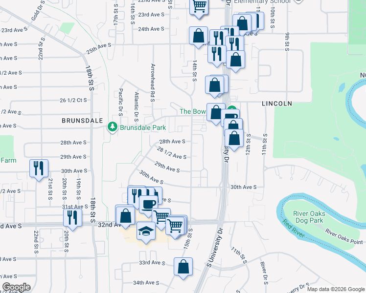 map of restaurants, bars, coffee shops, grocery stores, and more near 1510 28th Ave S in Fargo