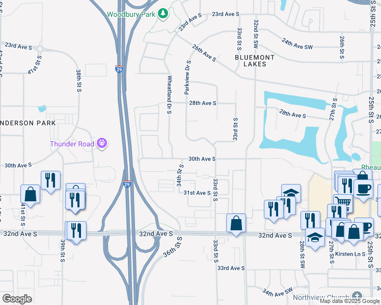 map of restaurants, bars, coffee shops, grocery stores, and more near 3349 30th Avenue South in Fargo