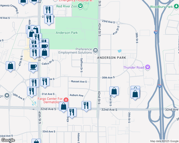 map of restaurants, bars, coffee shops, grocery stores, and more near 4272 28th Avenue South in Fargo