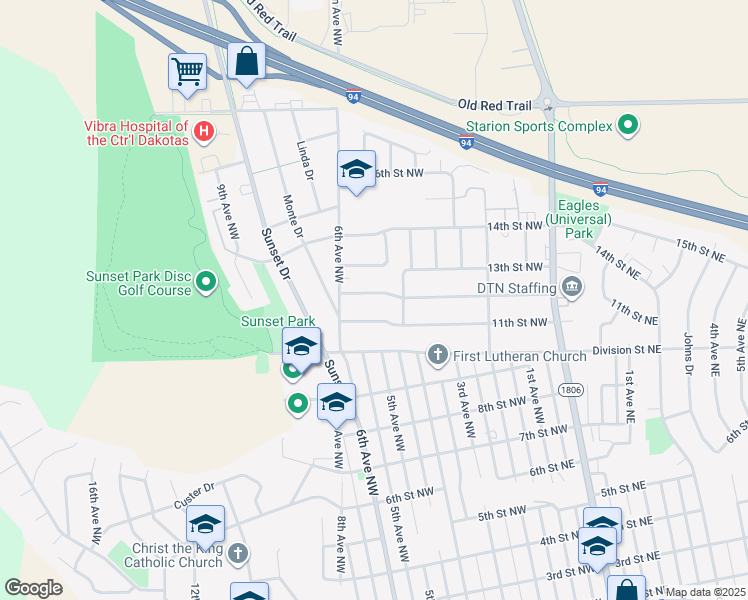 map of restaurants, bars, coffee shops, grocery stores, and more near 601 12th Street Northwest in Mandan