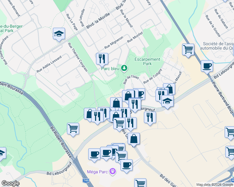 map of restaurants, bars, coffee shops, grocery stores, and more near 1618 Rue de l'Islet in Québec