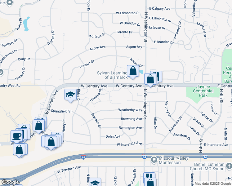 map of restaurants, bars, coffee shops, grocery stores, and more near 419 West Century Avenue in Bismarck
