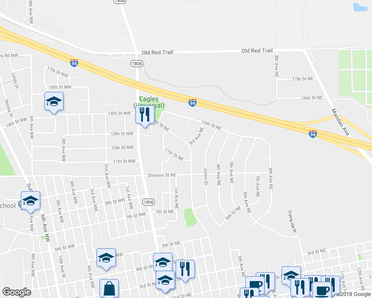 map of restaurants, bars, coffee shops, grocery stores, and more near 1303 3rd Avenue Northeast in Mandan