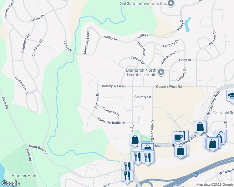 map of restaurants, bars, coffee shops, grocery stores, and more near 1800 Montego Drive in Bismarck