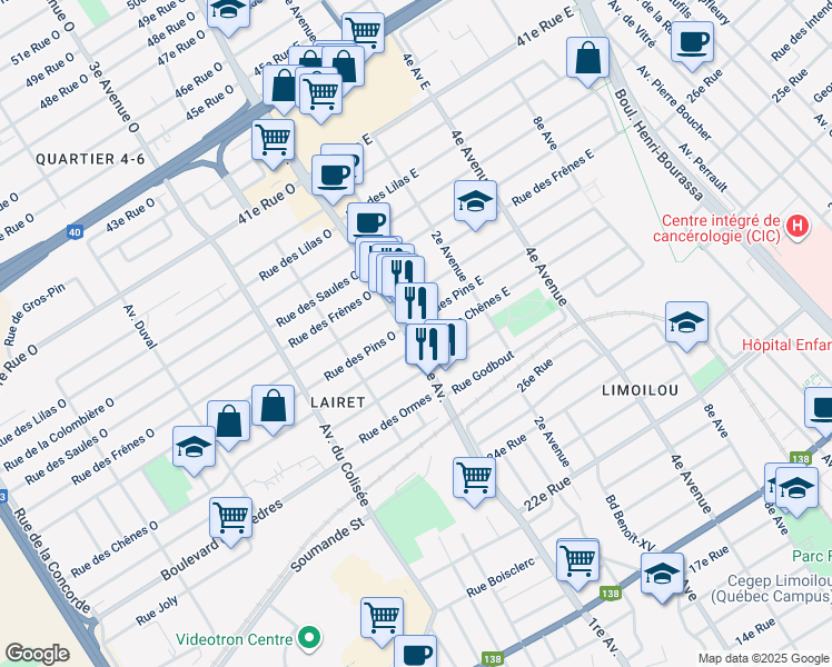 map of restaurants, bars, coffee shops, grocery stores, and more near 2854 1re Avenue in Québec