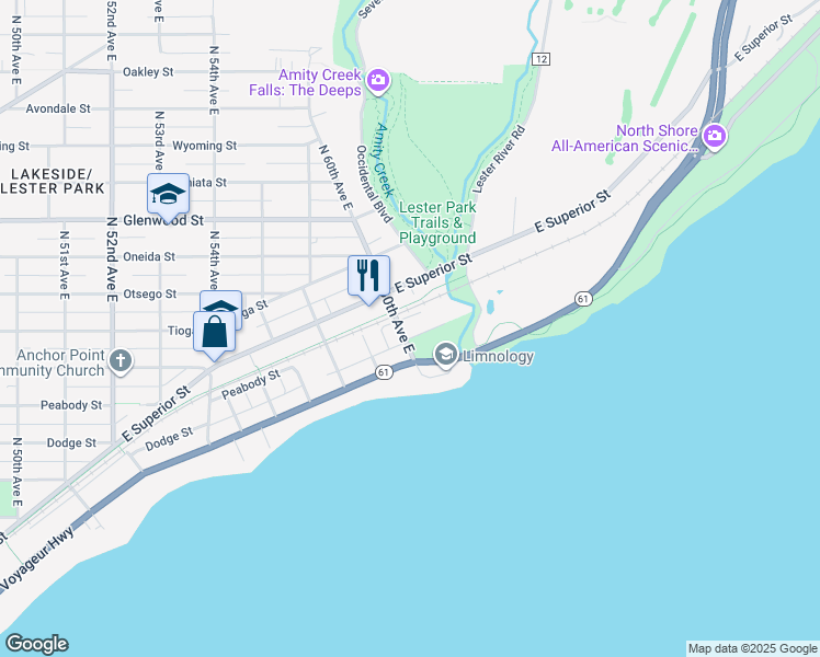 map of restaurants, bars, coffee shops, grocery stores, and more near 6005 London Road in Duluth