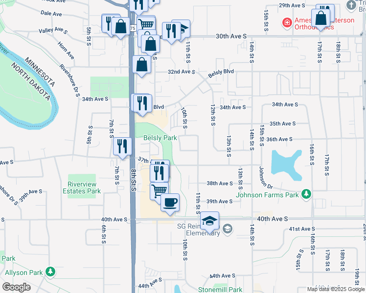map of restaurants, bars, coffee shops, grocery stores, and more near 928 36th Avenue South in Moorhead