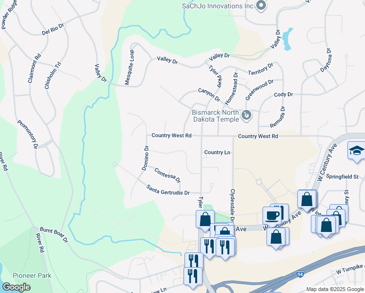 map of restaurants, bars, coffee shops, grocery stores, and more near 1800 Montego Drive in Bismarck