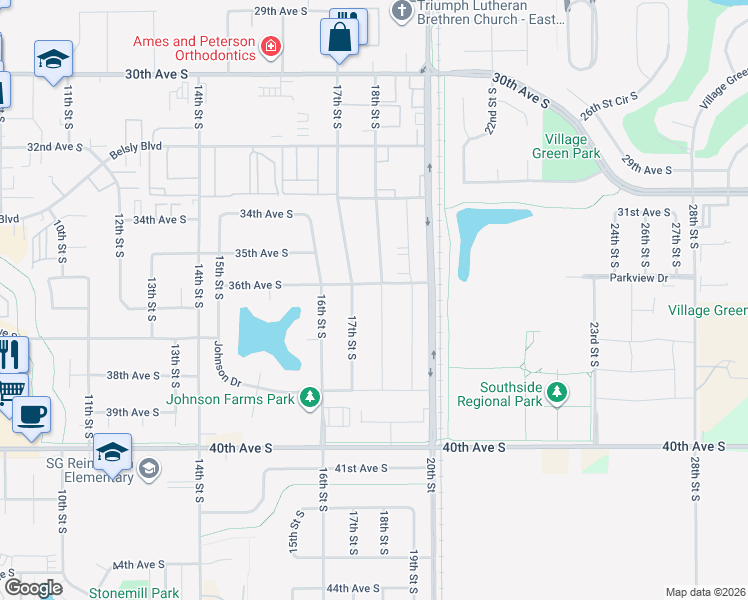 map of restaurants, bars, coffee shops, grocery stores, and more near 3613 18th Street South in Moorhead