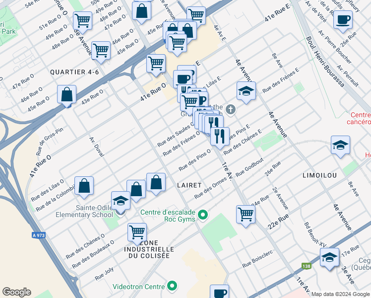 map of restaurants, bars, coffee shops, grocery stores, and more near 3030 Avenue des Cerisiers in Québec