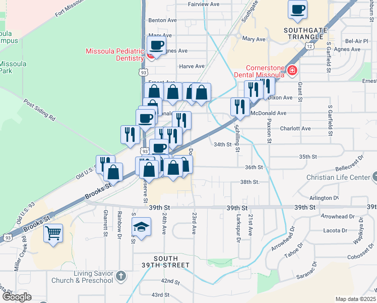 map of restaurants, bars, coffee shops, grocery stores, and more near 3620 Brooks Street in Missoula