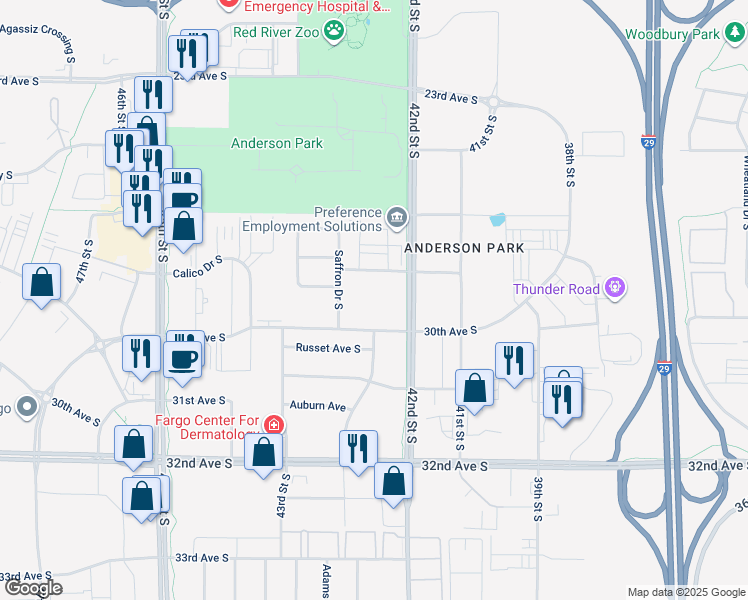 map of restaurants, bars, coffee shops, grocery stores, and more near 4272 28th Avenue South in Fargo