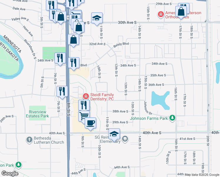 map of restaurants, bars, coffee shops, grocery stores, and more near 3526 11th Street South in Moorhead