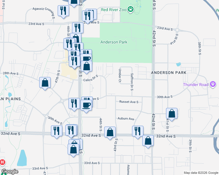 map of restaurants, bars, coffee shops, grocery stores, and more near 4315 Calico Drive South in Fargo