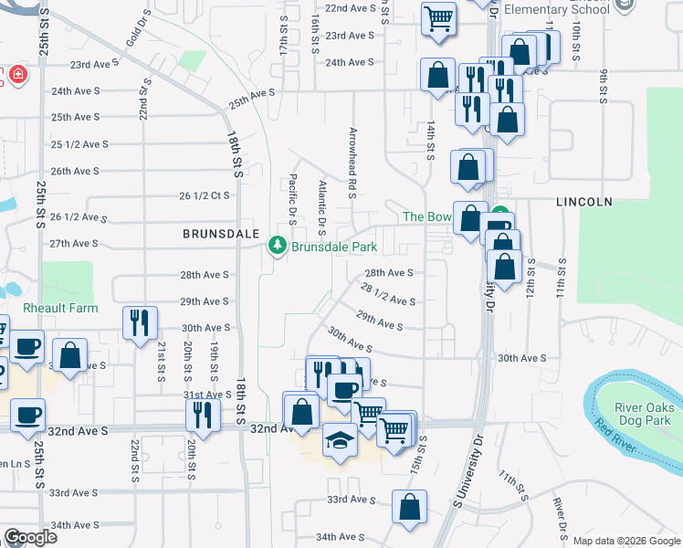 map of restaurants, bars, coffee shops, grocery stores, and more near 2815 17th Street South in Fargo