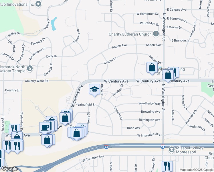 map of restaurants, bars, coffee shops, grocery stores, and more near 2821 Ithica Drive in Bismarck