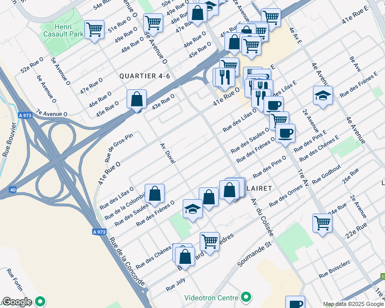 map of restaurants, bars, coffee shops, grocery stores, and more near 151 Rue des Lilas Ouest in Québec