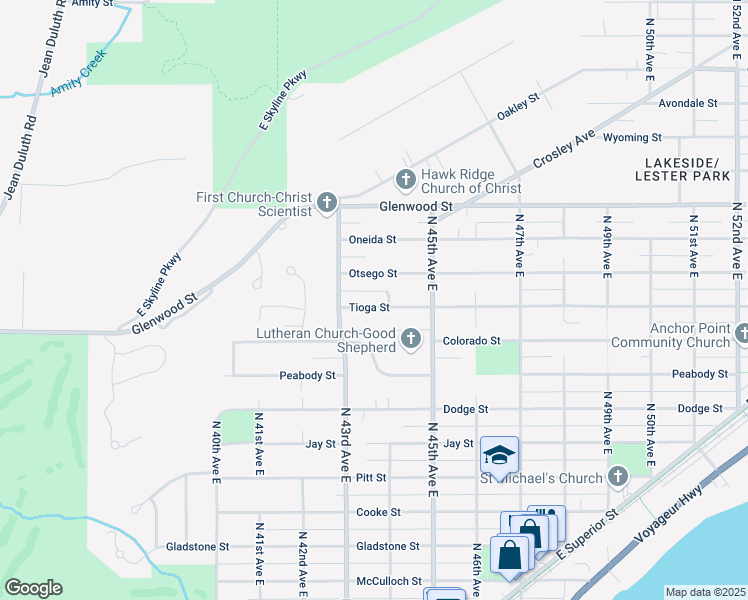map of restaurants, bars, coffee shops, grocery stores, and more near 4329 Tioga Street in Duluth