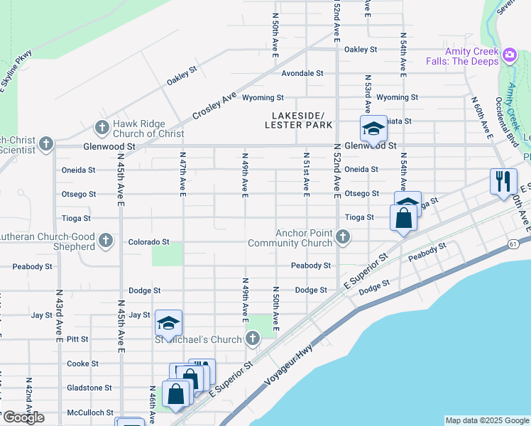 map of restaurants, bars, coffee shops, grocery stores, and more near 4923 Tioga Street in Duluth