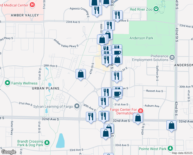 map of restaurants, bars, coffee shops, grocery stores, and more near 2742 47th Street South in Fargo