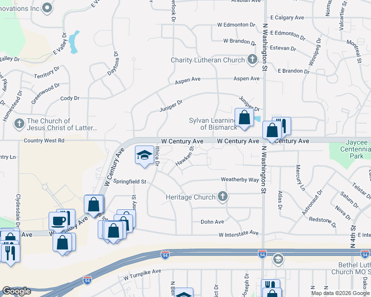 map of restaurants, bars, coffee shops, grocery stores, and more near 2835 Hawken Street in Bismarck