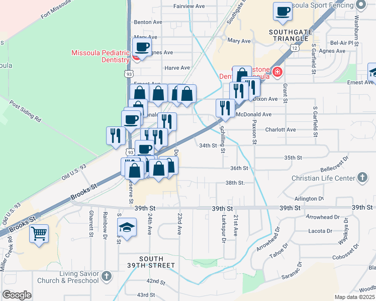 map of restaurants, bars, coffee shops, grocery stores, and more near 3600 Brooks Street in Missoula