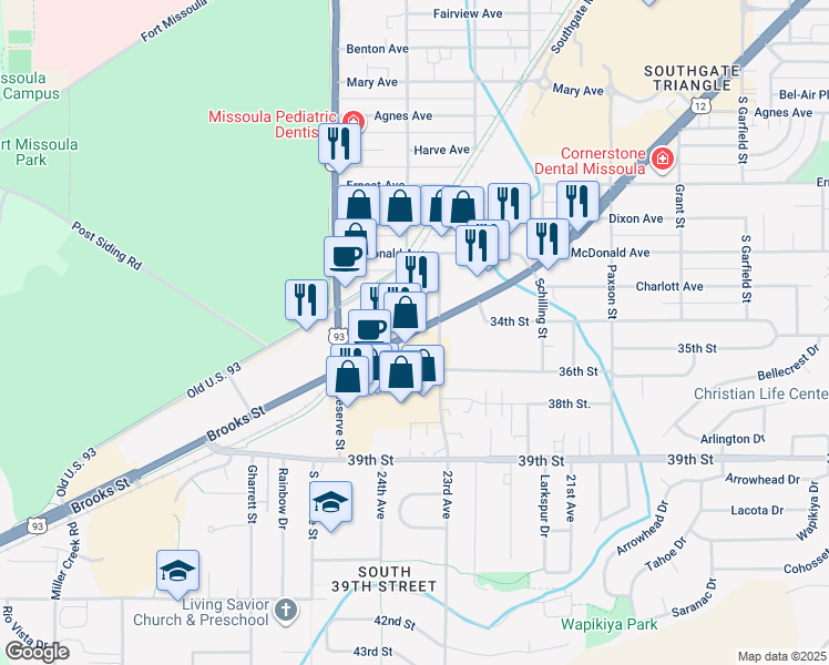 map of restaurants, bars, coffee shops, grocery stores, and more near 3620 Brooks Street in Missoula