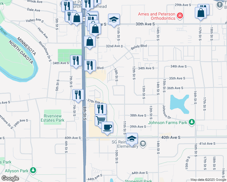 map of restaurants, bars, coffee shops, grocery stores, and more near 928 36th Avenue South in Moorhead