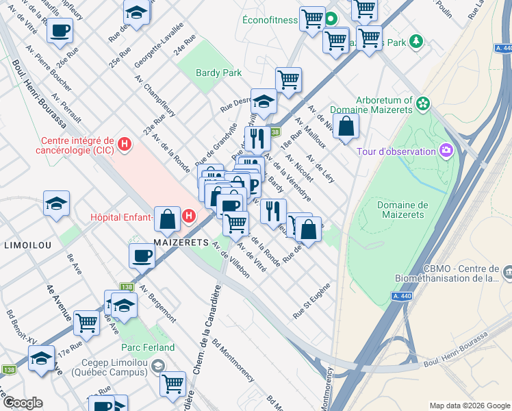 map of restaurants, bars, coffee shops, grocery stores, and more near 1705 Avenue Champfleury in Ville de Québec