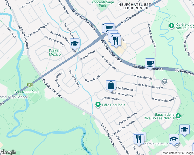 map of restaurants, bars, coffee shops, grocery stores, and more near Rue de Bogota in Ville de Québec