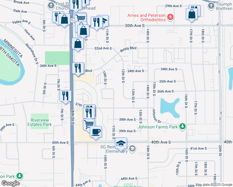 map of restaurants, bars, coffee shops, grocery stores, and more near 3518 11th Street South in Moorhead