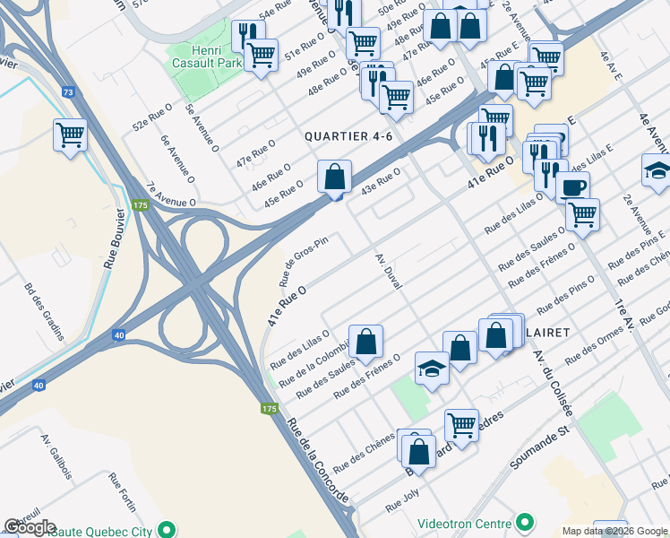 map of restaurants, bars, coffee shops, grocery stores, and more near 445 41e Rue Ouest in Quebec City
