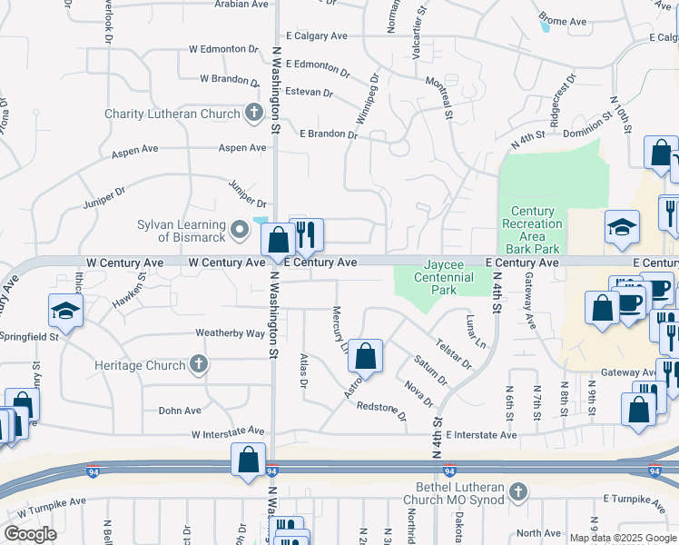 map of restaurants, bars, coffee shops, grocery stores, and more near 108 Independence Avenue in Bismarck