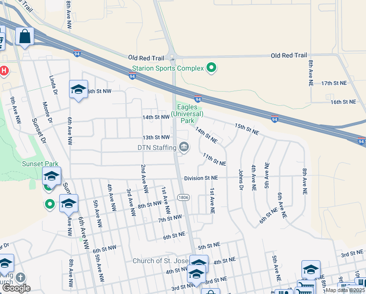 map of restaurants, bars, coffee shops, grocery stores, and more near 1309 1st Avenue Northeast in Mandan