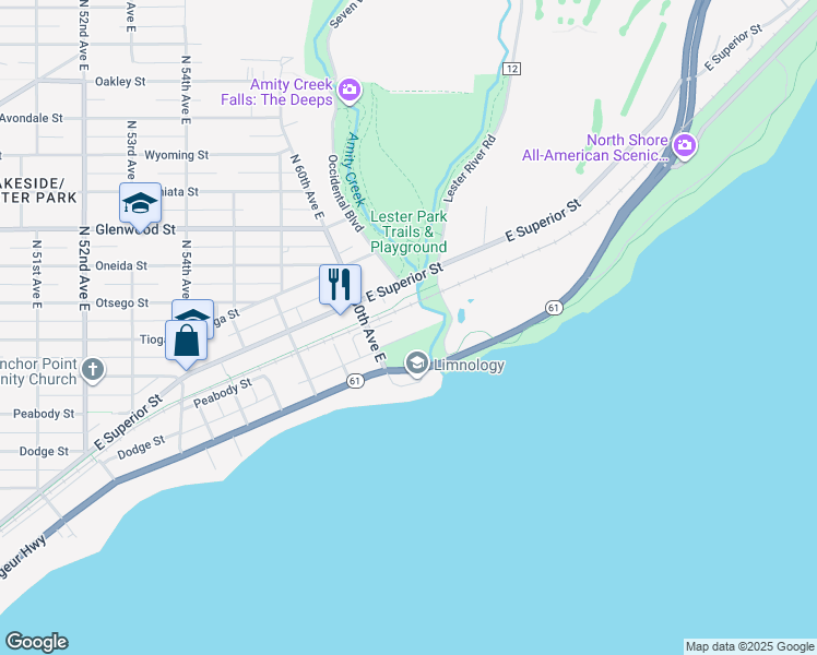 map of restaurants, bars, coffee shops, grocery stores, and more near 6023 1/2 London Road in Duluth