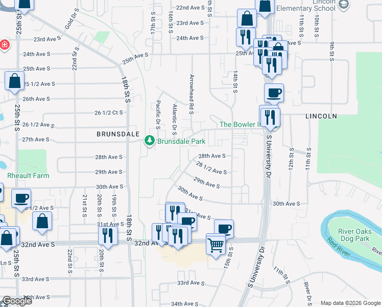 map of restaurants, bars, coffee shops, grocery stores, and more near 2815 17th St S in Fargo