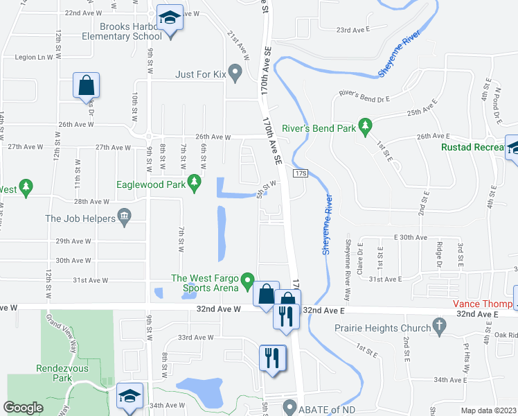 map of restaurants, bars, coffee shops, grocery stores, and more near 4950 13th Avenue South in Fargo
