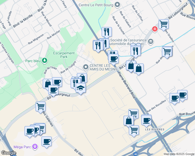 map of restaurants, bars, coffee shops, grocery stores, and more near 1050 Boulevard Lebourgneuf in Ville de Québec