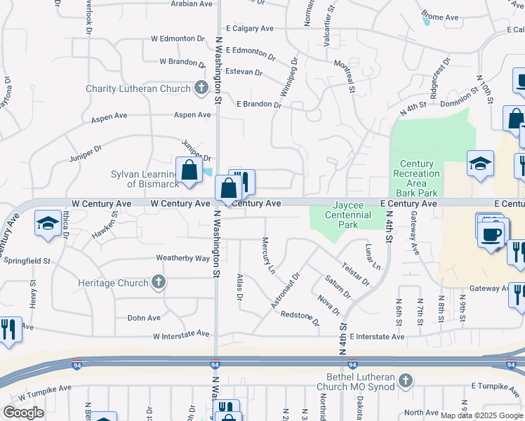 map of restaurants, bars, coffee shops, grocery stores, and more near 108 Independence Avenue in Bismarck