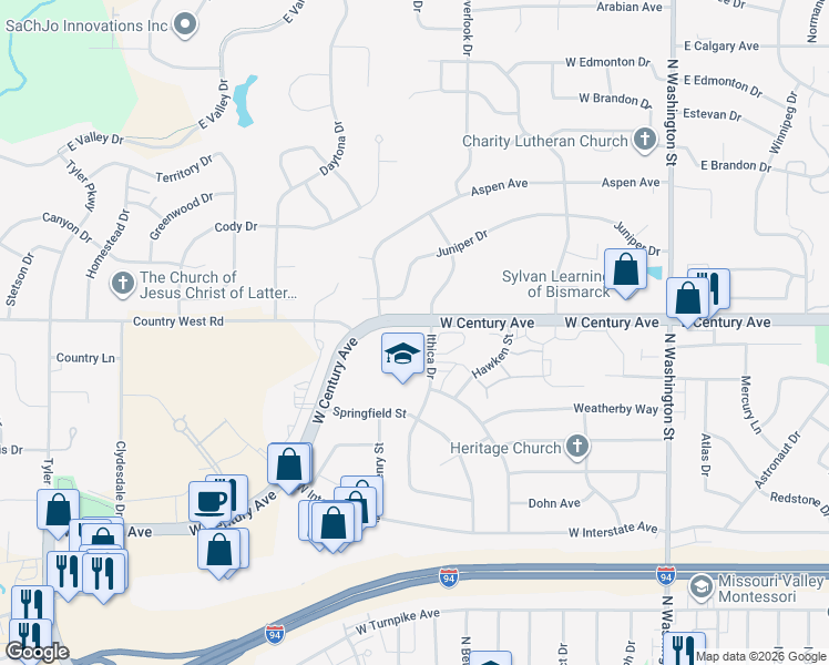 map of restaurants, bars, coffee shops, grocery stores, and more near 2820 Ithica Drive in Bismarck