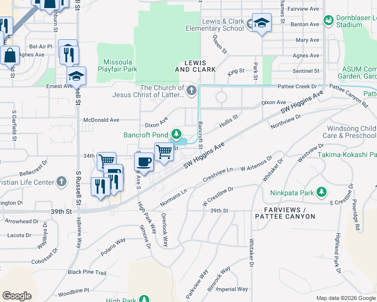 map of restaurants, bars, coffee shops, grocery stores, and more near 690 Southwest Higgins Avenue in Missoula