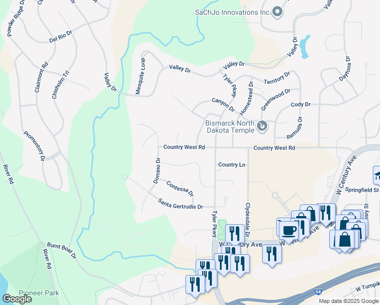 map of restaurants, bars, coffee shops, grocery stores, and more near 1800 Montego Drive in Bismarck