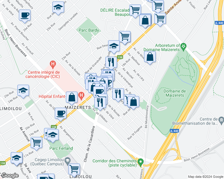 map of restaurants, bars, coffee shops, grocery stores, and more near 1730 Avenue Champfleury in Québec