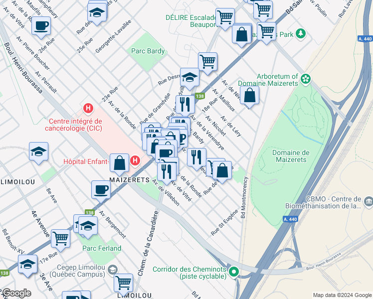 map of restaurants, bars, coffee shops, grocery stores, and more near 1730 Avenue Champfleury in Québec