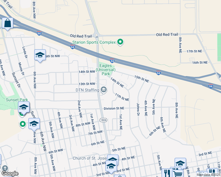 map of restaurants, bars, coffee shops, grocery stores, and more near 1309 1st Avenue Northeast in Mandan