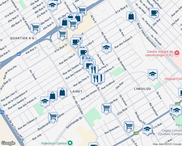 map of restaurants, bars, coffee shops, grocery stores, and more near 2854 1re Avenue in Québec
