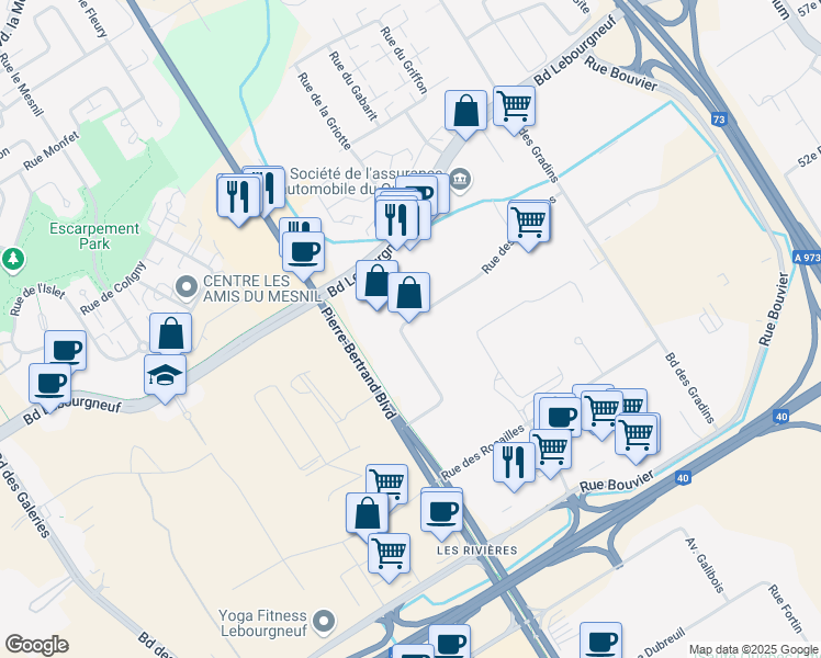 map of restaurants, bars, coffee shops, grocery stores, and more near 5800 Rue des Tournelles in Québec